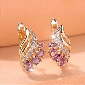 Purple Zirconia Wing Earrings Gold Tone Crystal Studs Angel Feather NWT